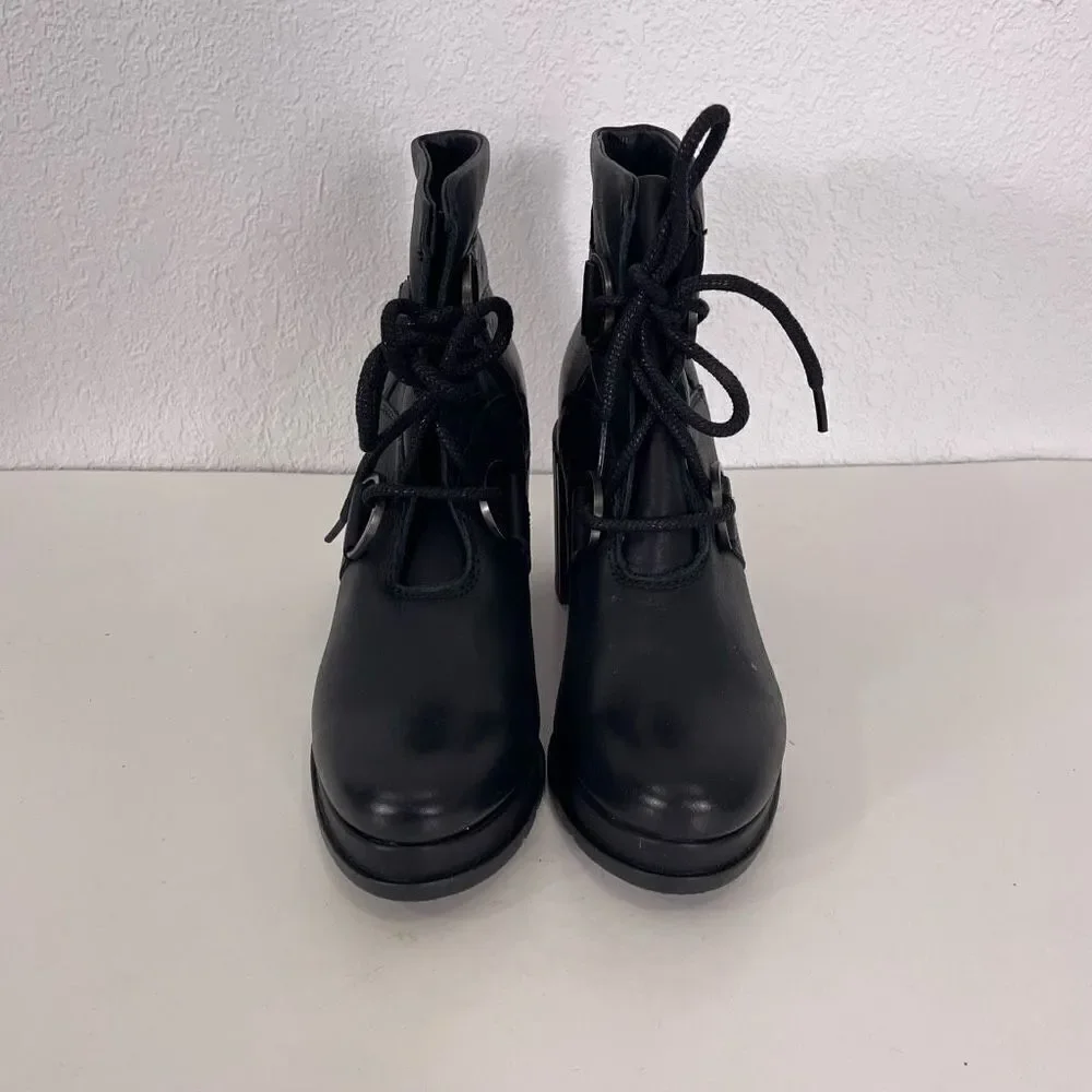 Sorel Black Leather Purple Heel‎ Margo Lace Up Block Heel Booties Size 8